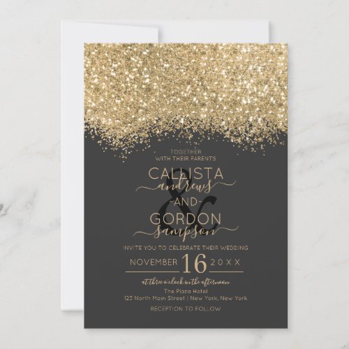 Modern Luxury Gold Black Glitter Confetti Wedding Invitation