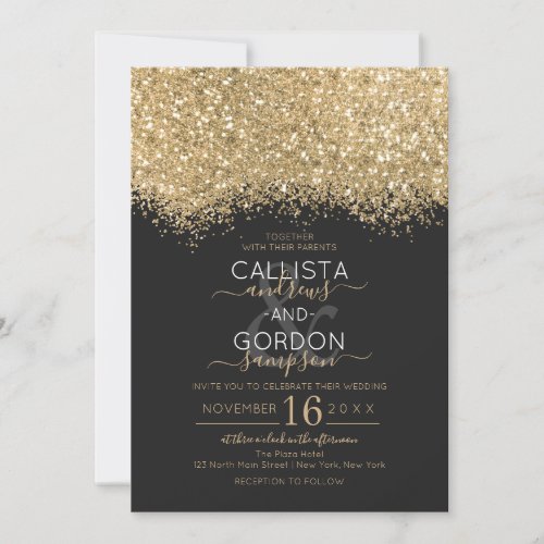 Modern Luxury Gold Black Glitter Confetti Wedding Invitation