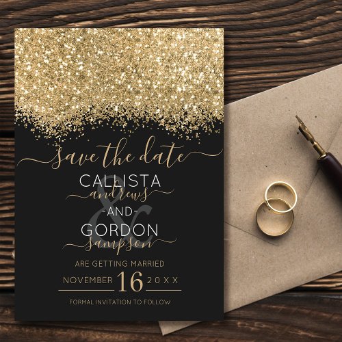 Modern Luxury Gold Black Glitter Confetti Wedding Save The Date