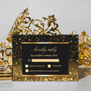 Modern Luxury Gold Black Sparkles RSVP Card