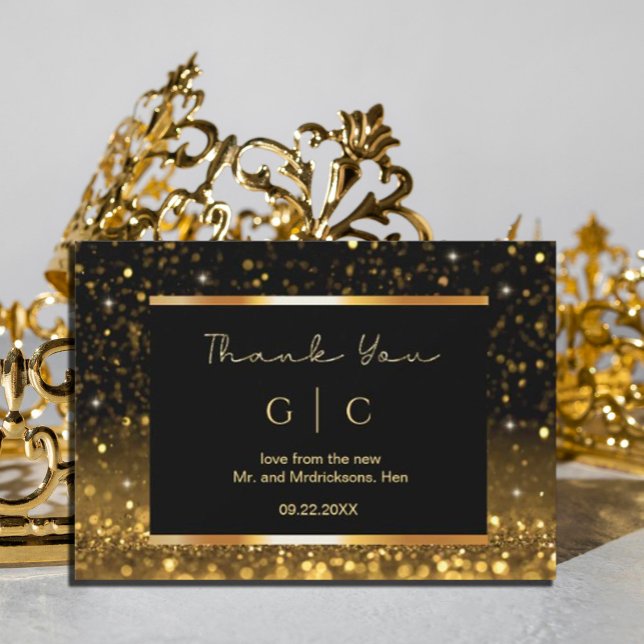 Modern Luxury Gold Black Sparkles  Thank You Card (#zazzlemade #thankyoucard #thankyoucardgold #gold and black #christmas #holiday,)