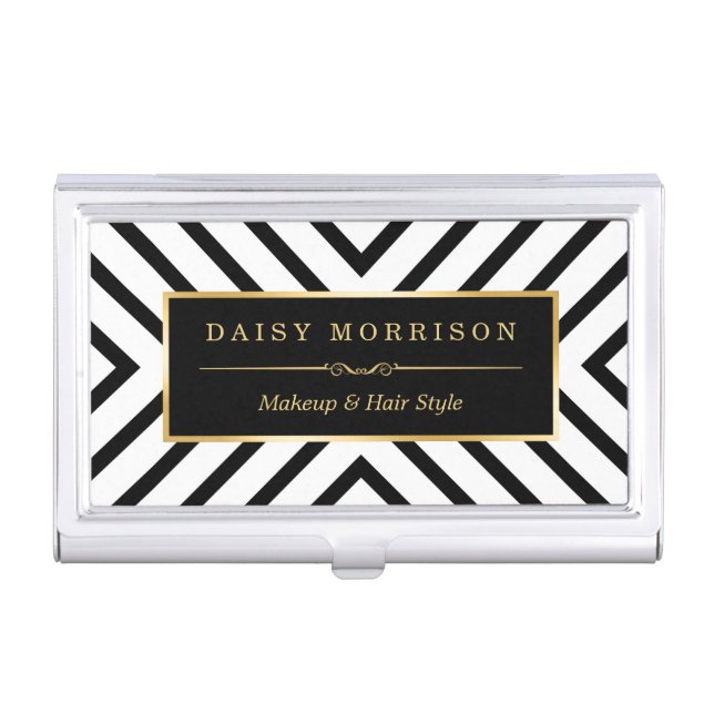 Modern Luxury Gold Black White Stripes Pattern Business Card Case (Front)