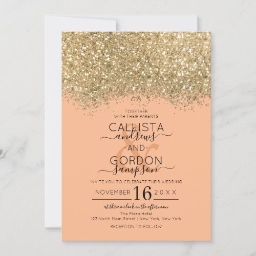 Modern Luxury Gold Coral Glitter Confetti Wedding Invitation