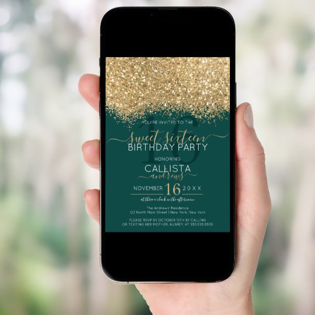 Modern Luxury Gold Green Glitter Confetti Sweet 16 Invitation (Front Digital)
