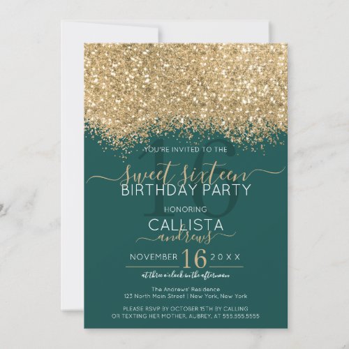 Modern Luxury Gold Green Glitter Confetti Sweet 16 Invitation