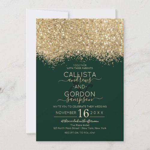 Modern Luxury Gold Green Glitter Confetti Wedding Invitation