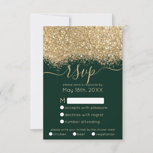Modern Luxury Gold Green Glitter Confetti Wedding RSVP Card