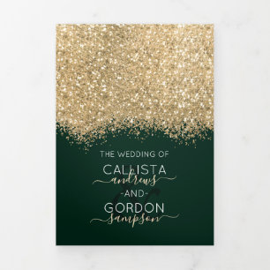Modern Luxury Gold Green Glitter Confetti Wedding Tri-Fold Announcement