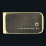 Modern Luxury Gold Monogram  Gold Finish Money Clip<br><div class="desc">Modern money clip design features a brushed metallic gold monogram with your initial and name in classic block typography on a black chestnut brown distressed leather texture background for a simple,  stylish professional look.</div>