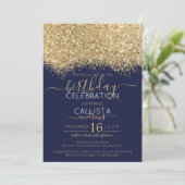 Modern Luxury Gold Navy Glitter Confetti Birthday Invitation (Standing Front)