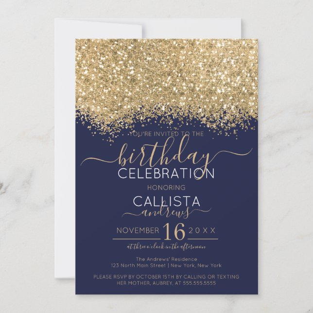 Modern Luxury Gold Navy Glitter Confetti Birthday Invitation (Front)