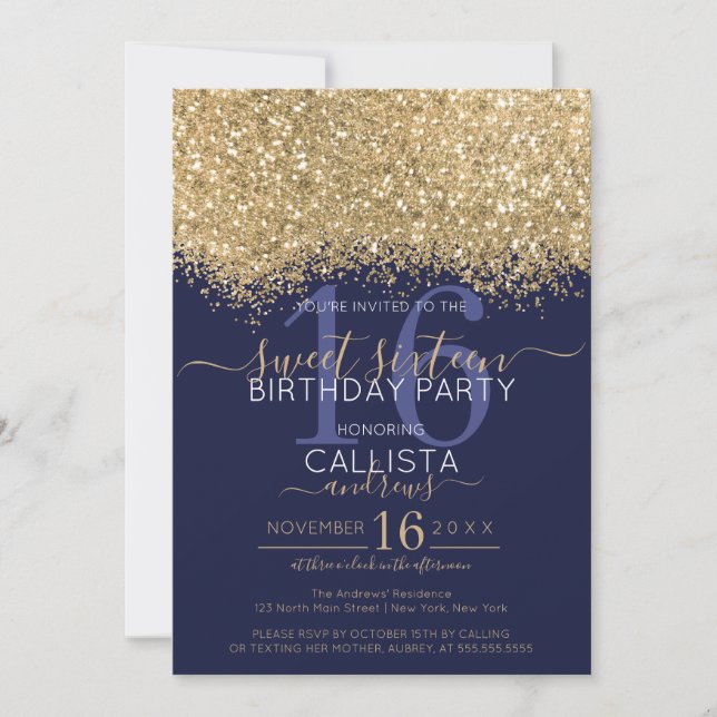 Modern Luxury Gold Navy Glitter Confetti Sweet 16 Invitation (Front)