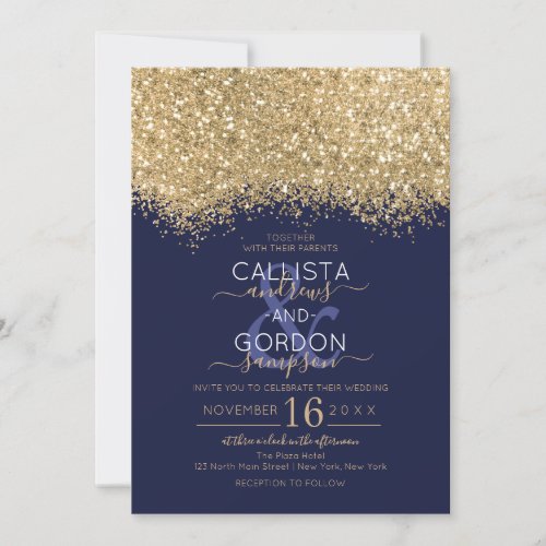 Modern Luxury Gold Navy Glitter Confetti Wedding Invitation