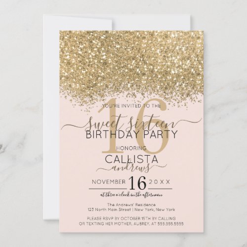 Modern Luxury Gold Pink Glitter Confetti Sweet 16 Invitation