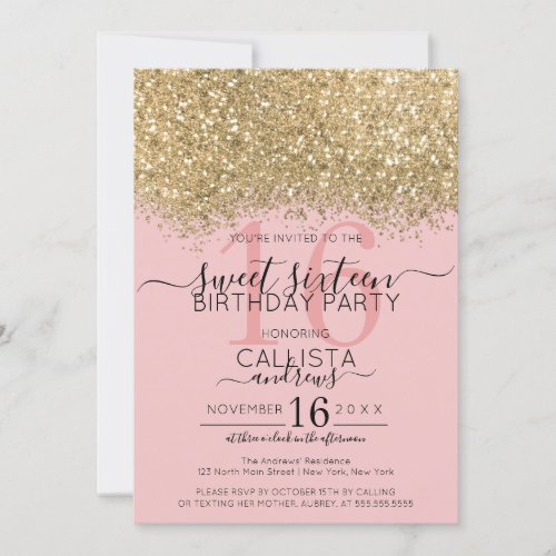 Modern Luxury Gold Pink Glitter Confetti Sweet 16 Invitation