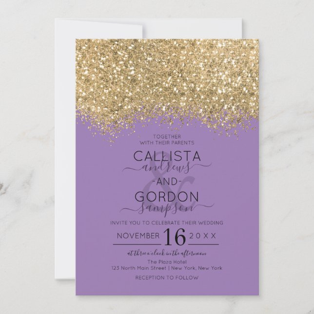 Modern Luxury Gold Purple Glitter Confetti Wedding Invitation (Front)