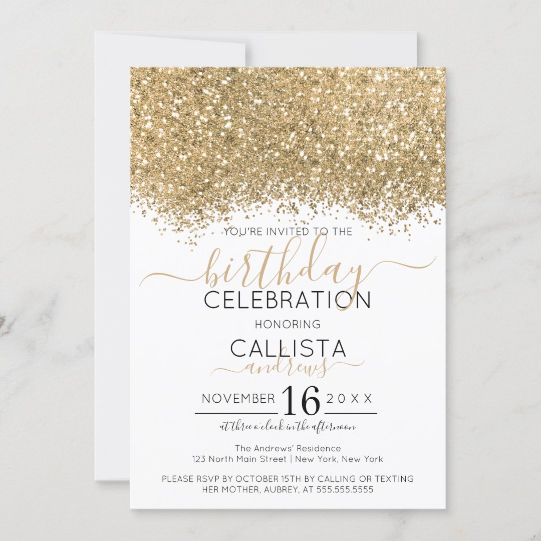 Modern Luxury Gold White Glitter Confetti Birthday Invitation 