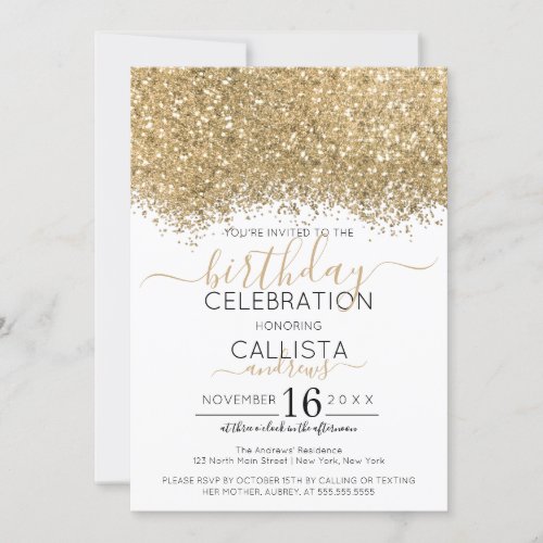 Modern Luxury Gold White Glitter Confetti Birthday Invitation