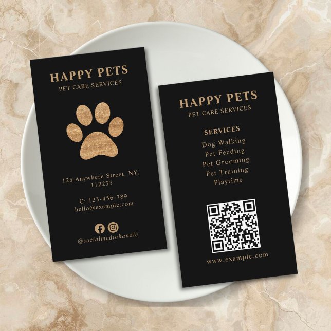 Modern Luxury Golden Black Paw Pet Care Services Business Card (qr code personalized pet grooming service business card)