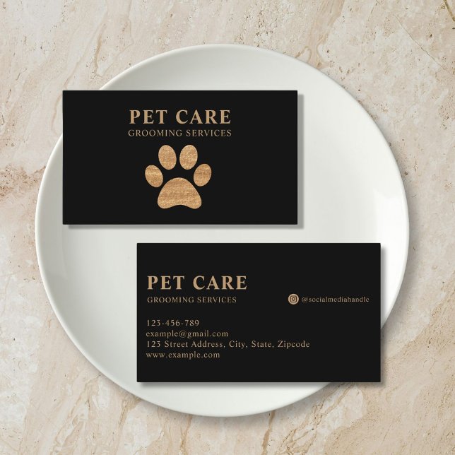 Modern Luxury Golden Black Paw Pet Grooming Business Card (modern black gold paw pet grooming business card)