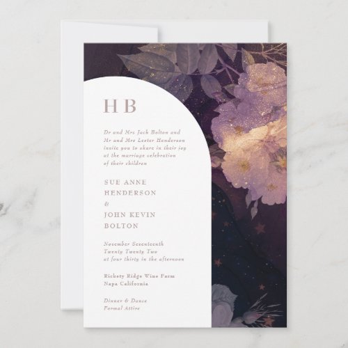 Modern Luxury Monogram Dark Boho Floral Arch Invitation