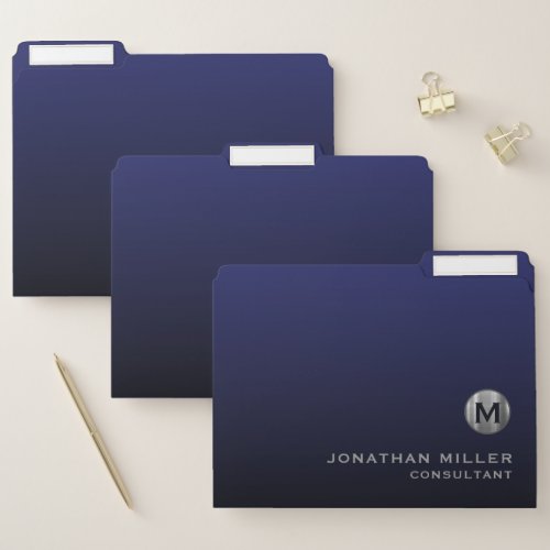 Modern Luxury Navy Blue Brushed Silver Monogram File Folder