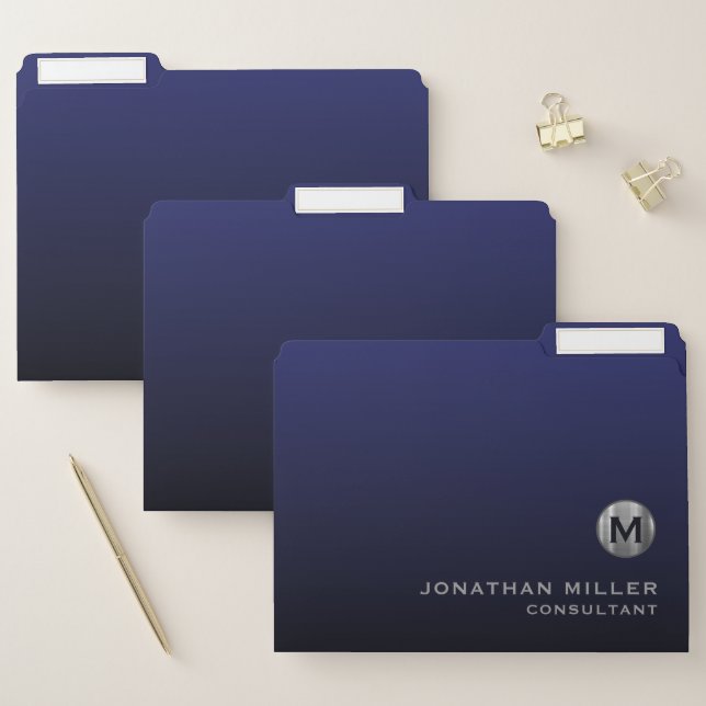 Modern Luxury Navy Blue Brushed Silver Monogram File Folder (Set)