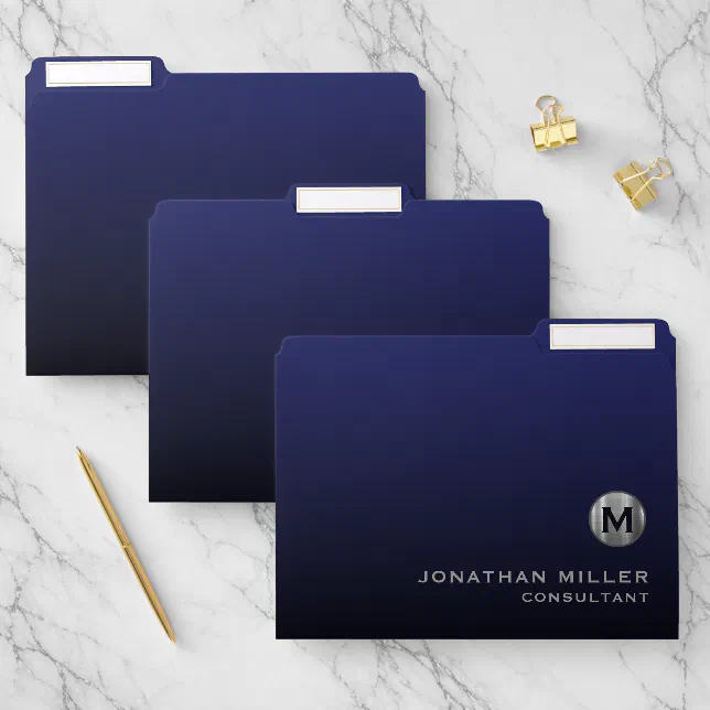 Modern Luxury Navy Blue Brushed Silver Monogram File Folder | Zazzle