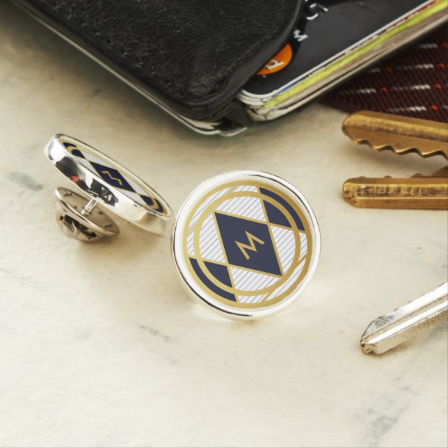 Modern Luxury Navy Blue Gold Stripe Monogram Round Lapel Pin (In Situ)