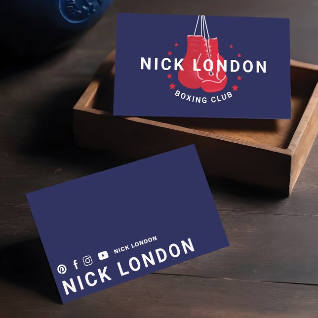 Modern Luxury Navy Red Boxing Fitness Training Business Card (Modern & Trendy Online Red Boxing Gloves Club Business Card)