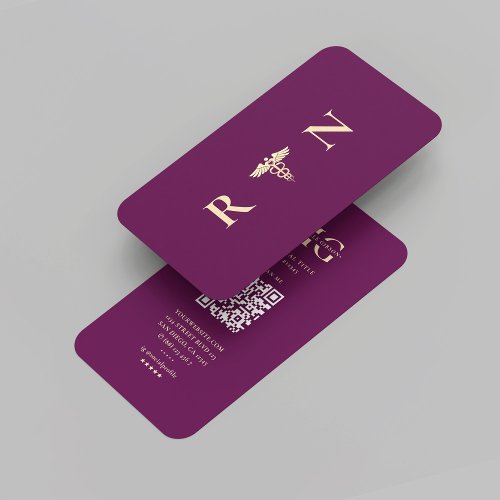 Modern Luxury Purple Gold RN Monogram Nurse Business Card