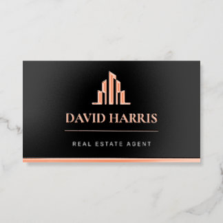 Modern Luxury Real Estate Agent | Copper & Black Foil Business Cards