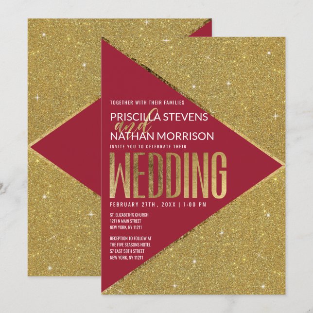 Modern Luxury Red Gold Glitter Geometric Wedding Invitation (Front/Back)