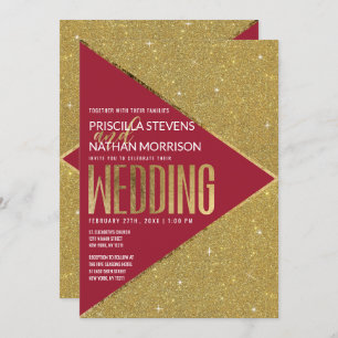 Modern Luxury Red Gold Glitter Geometric Wedding Invitation