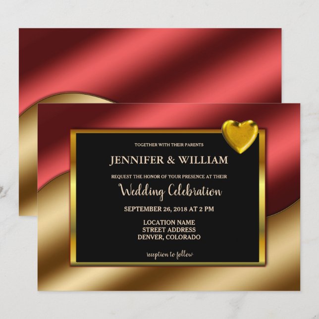 Modern Luxury red gold glitter hearts Wedding Invitation (Front/Back)