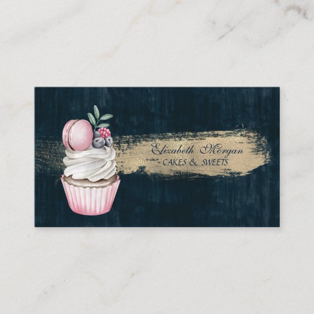 Modern Macaron Cute  Cupcake Bakery Brush Stroke Business Card (Front)