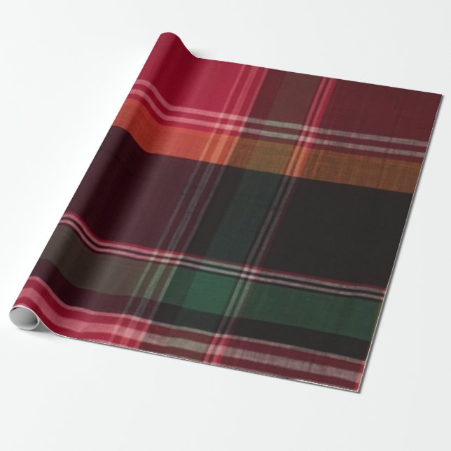 Modern Madras Plaid Red Green Square Pattern Wrapping Paper (Unrolled)