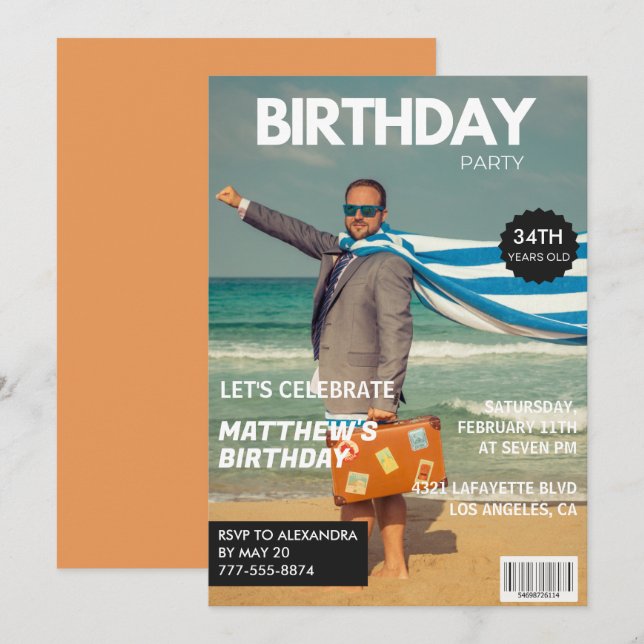 Modern Magazine Cover for him 34th birthday Invitation (Front/Back)
