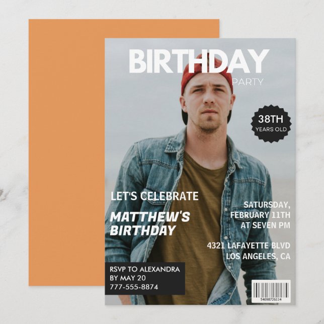 Modern Magazine Cover for him 38th birthday Invitation (Front/Back)
