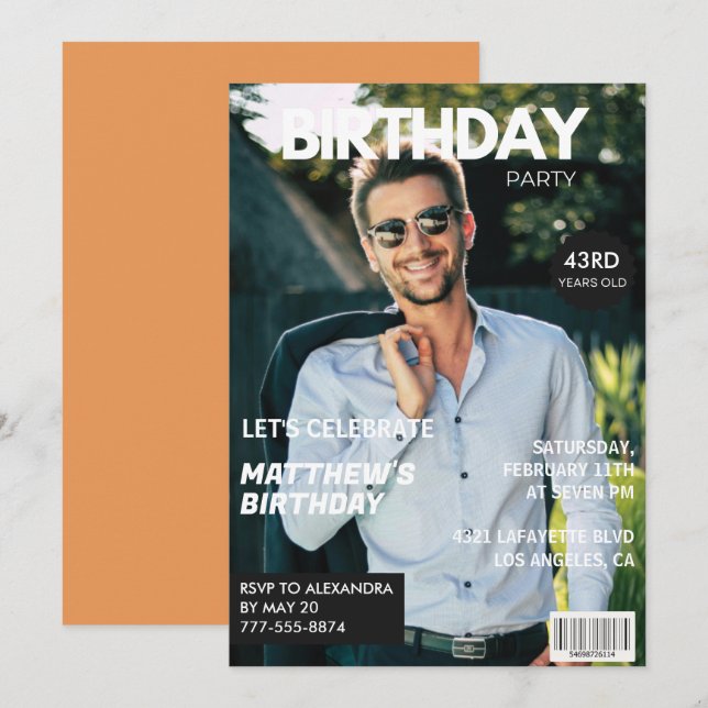Modern Magazine Cover for him 43rd birthday Invitation (Front/Back)