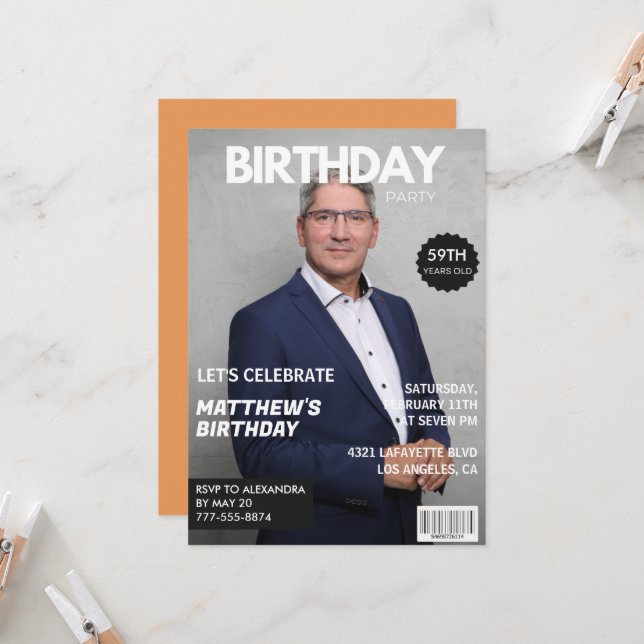 Modern Magazine Cover for him 59th birthday Invitation (Front/Back In Situ)