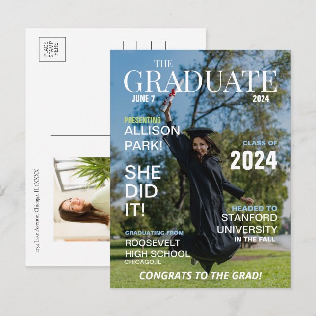 Modern Magazine Photo Graduation  Announcement Postcard (Front/Back)