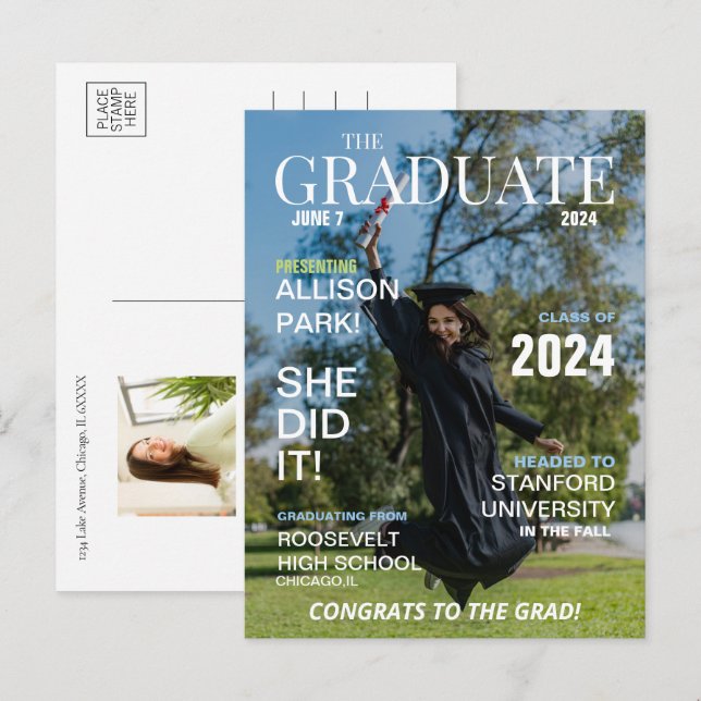 Modern Magazine Photo Graduation  Invitation Postcard (Front/Back)