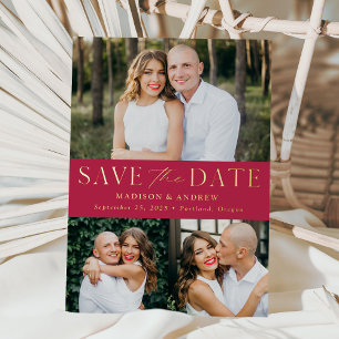 Modern Magenta and Gold Foil 3 Photo Save the Date Invitation