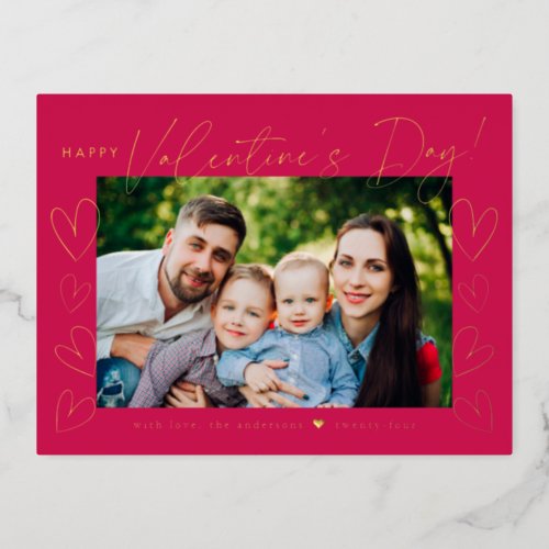 Modern Magenta and Gold Script Valentines Day Foil Holiday Postcard