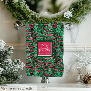 Modern magenta and red watercolor Christmas preppy Bath Towel Set