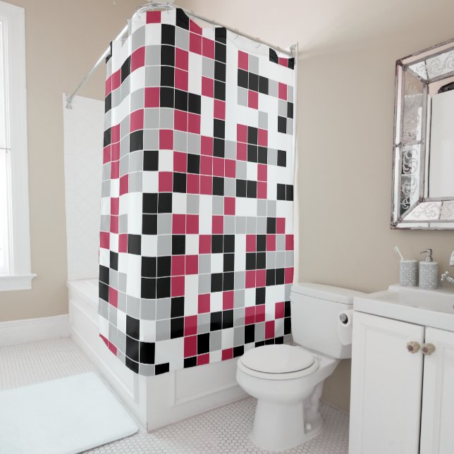 Modern Magenta Black Gray Geometric Shower Curtain (In Situ)