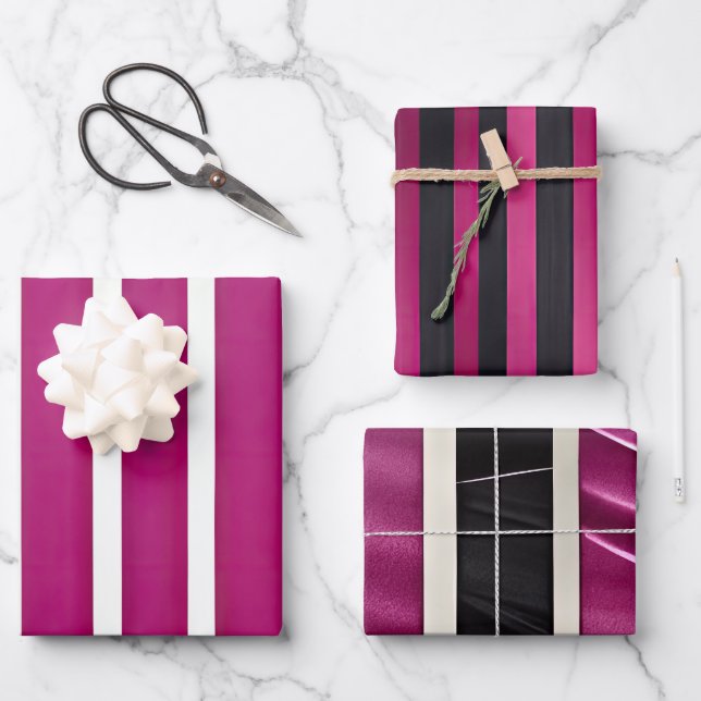 Modern Magenta Black White Bold Stripes Wrapping Paper Sheets (Front)