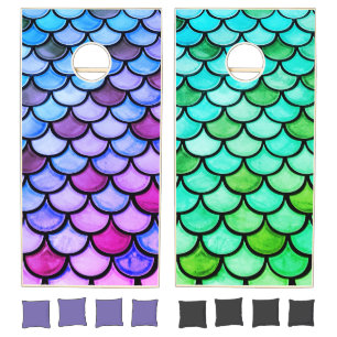 Modern Magenta Blue Bright Green Mermaid Scales Cornhole Set