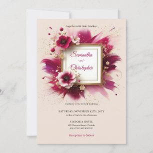 Modern magenta flowers and gold frame wedding invitation